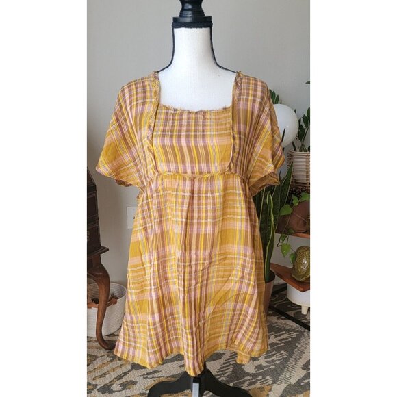 Yellow Plaid Mini Dress  Anthropologie Size Small NWT Boho Style - Picture 1 of 8